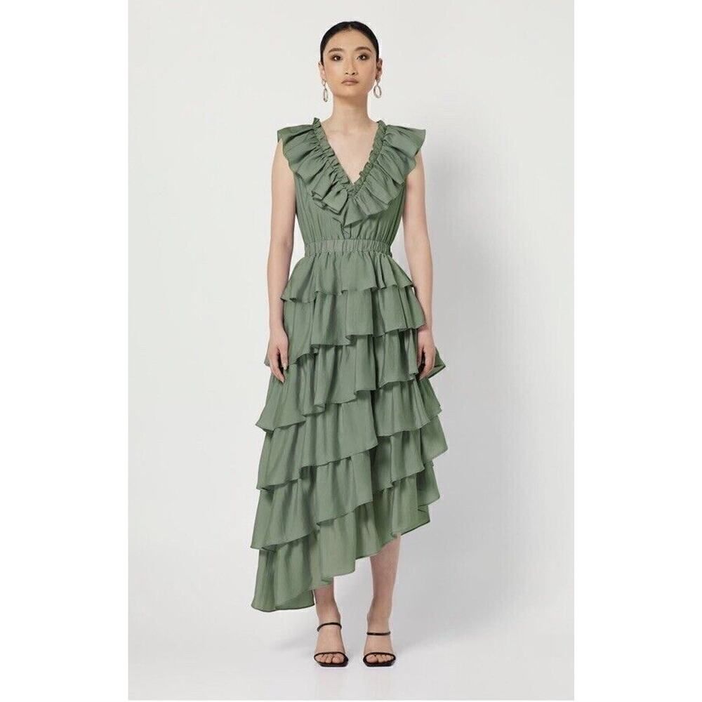 NWT ELLIATT Aquiline Tiered Ruffle Asymmetric Dress Khaki Medium